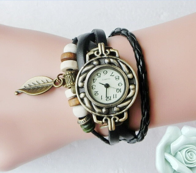 Multicolor High Quality Women Genuine Leather Vintage Quartz Dress Watch Bracelet Wristwatches leaf gift Christmas free shipping