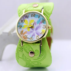 shsby Printed leather Bracelet Wristwatch Wide band women dress Watch colorful flowers shsby Women Casual Watch girl's gift
