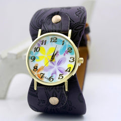 shsby Printed leather Bracelet Wristwatch Wide band women dress Watch colorful flowers shsby Women Casual Watch girl's gift